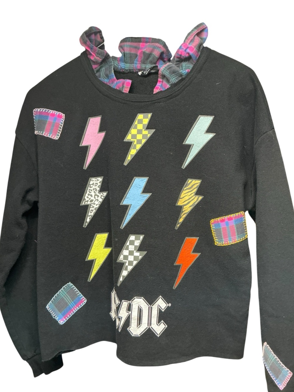 AC/DC Band Upcycled Sweatshirt Lightening Bolts Patches Blanket Stitching Grunge - Picture 6 of 13